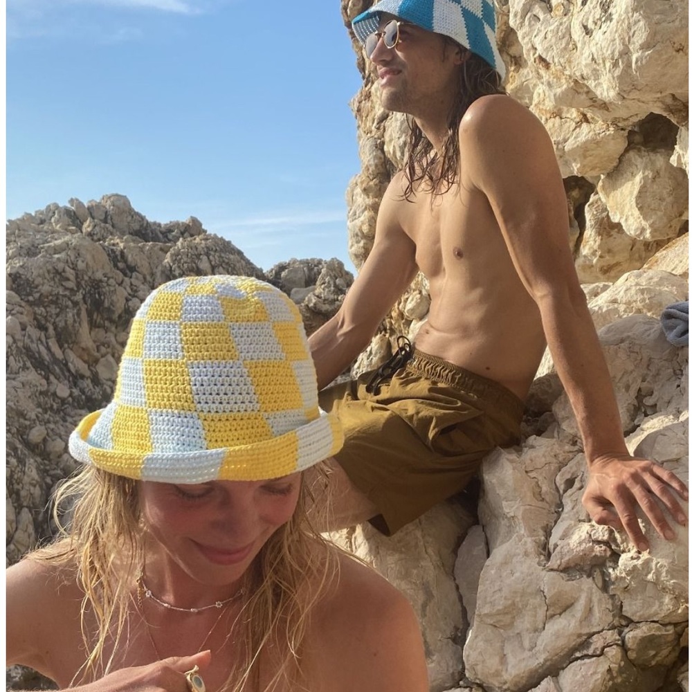 Emily Levine Check Swirl Hat Yellow Blue
